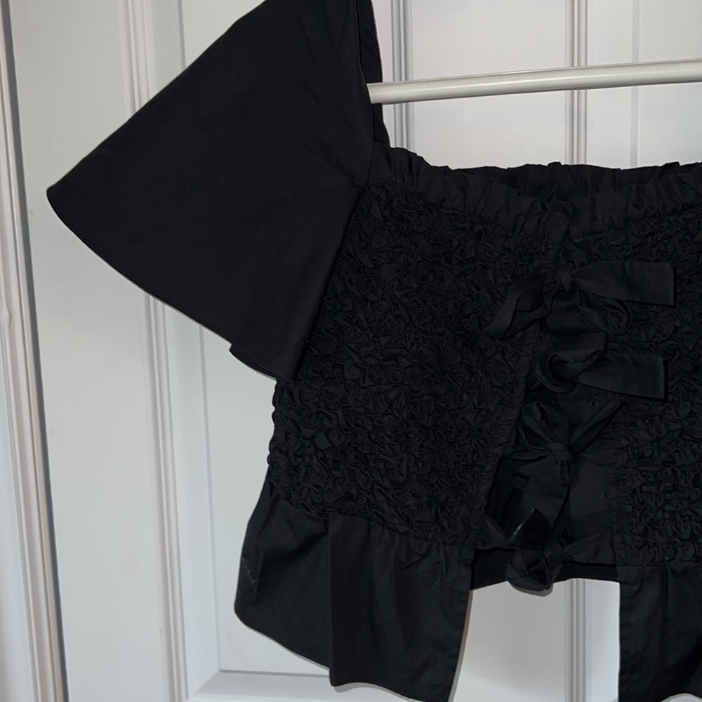 Anthropologie Black Mare Mare Smocked Bow-Tie Flutter Sleeve Top Blouse - Picture 5 of 6